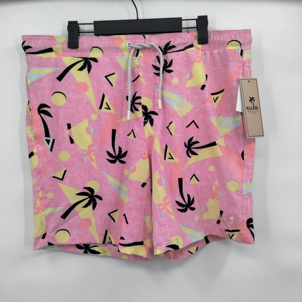 MALIBU Men's Beach Club Pink Shorts Black Palm Trees Large